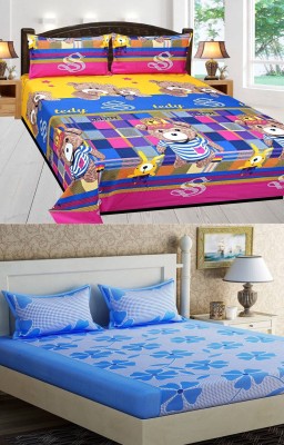 SK WEBS 144 TC Microfiber Double Floral Fitted & Flat Bedsheet(Pack of 2, Blue)