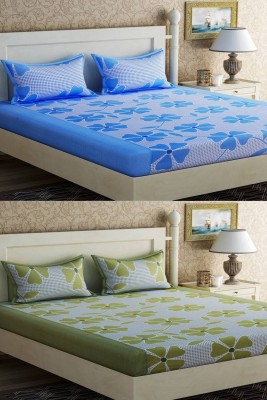 IOM 144 TC Microfiber Double Floral Flat Bedsheet(Pack of 2, Blue)