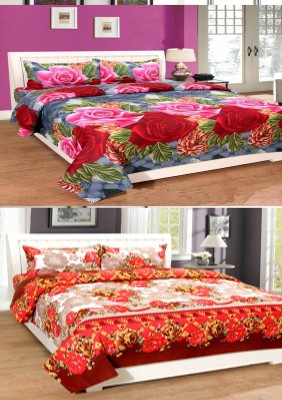 IOM 144 TC Microfiber Double Floral Fitted & Flat Bedsheet(Pack of 2, Red)