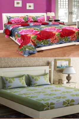 SK WEBS 144 TC Microfiber Double Floral Fitted & Flat Bedsheet(Pack of 2, Red)