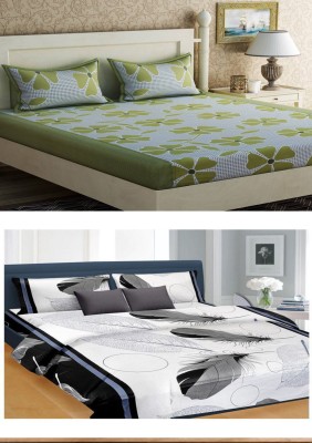 IOM 144 TC Microfiber Double Floral Fitted & Flat Bedsheet(Pack of 2, Green)