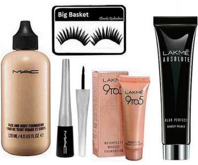 

big basket Eyelashes, Mac Face & Body Foundation, Mac liquid Eyeliner, Absolute Blur Perfect Makeup Primer 30g, 9to5 Mousse foundation(Set of 5)
