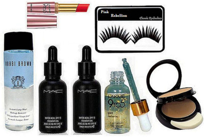 

Pink Rebellion Eyelashes, Mac Two Way Compact, Hyper Real Foundation (Pack of 2), Bobbi Brown Instant Long Wear Makeup Remover, 9to5 Face Serum, Matte Lipstick(Set of 6)