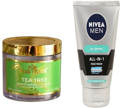 

Pink Root TEA TREE MUD MASK 100G WITH NIVEA OIL CONTROL FACEWASH(Set of 2)