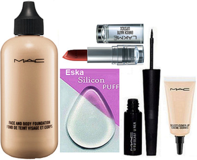 eska Silicon Puff, Mac Face And Body Foundation, Liquid Eyeliner, Select CoverUp & Lakme Enrich Matte Lipstick(Set of 5)