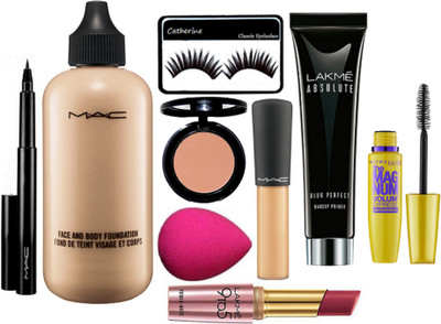 

catherine Eyelashes, Mac face and body foundation, mineralize concealer, pen eyeliner, star trik blusher, lakme absolut primer, 9to5 lipstick, the mag num mascara with sponge puff(Set of 9)
