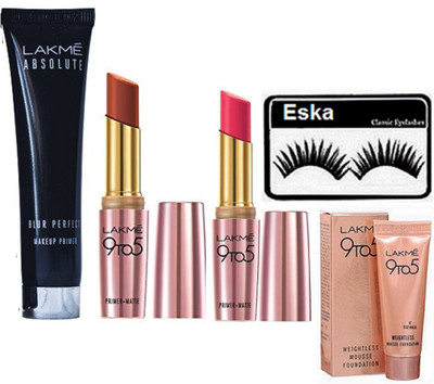 

eska Eyelashes, Lakme 9 to 5 Prime+Matte Lipstick, Weightless Mousse Foundation, Lakme Absolute Blur Prefect Primer(Set of 5)