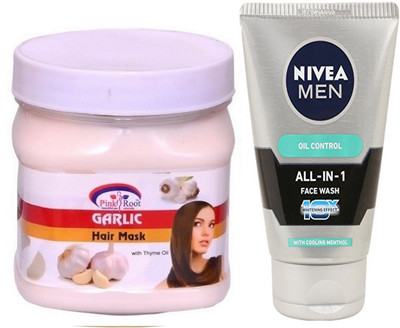 Pink Root GARLIC HAIR MASK 500G WITH NIVEA OIL CONTROL FACEWASH(Set of 2)