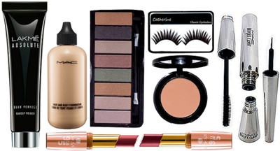 

catherine Eyelashes, Mac Face and body foundation, 8 shade eyeshadow palette, star trick blusher, brook candy eyeliner & Mascara, Lakme Absolut primer, 9to5 Lipstick pack of 2(Set of 9)