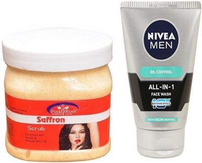 

Pink Root SAFFRON SCRUB 500G WITH NIVEA OIL CONTROL FACEWASH(Set of 2)