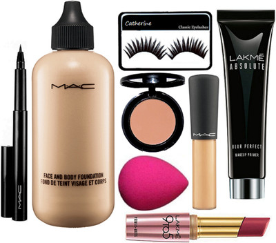 

catherine Eyelashes, Mac face and body foundation, mineralize concealer, pen eyeliner, star trik blusher, lakme absolut primer, 9to5 lipstick with sponge puff(Set of 8)