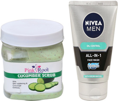 

Pink Root CUCUMBER SCRUB 500G WITH NIVEA OIL CONTROL FACEWASH(Set of 2)