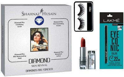 

Ellie Eyelashes With Shahnaz Husain Diamond Facial Kit & Eyeconic Kajal With Inrich Lipstick(Set of 4)