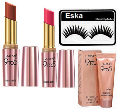 

eska Eyelashes, Lakme 9 to 5 Prime+Matte Lipstick, Weightless Mousse Foundation(Set of 4)