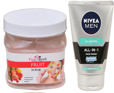 

Pink Root FRUIT SCRUB 500G WITH NIVEA OIL CONTROL FACEWASH(Set of 2)