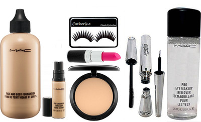 

catherine Eyelashes, Mac Face and body foundation, pro long wear concealer, compact, brook candy eyeliner & mascara, finish Matte lipstick, eye makeup remover(Set of 8)