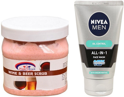 

Pink Root WINE AND BEER SCRUB 500G WITH NIVEA OIL CONTROL FACEWASH(Set of 2)