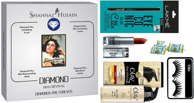 

Ellie Eyelashes With Shahnaz Husain Diamond Facial Kit & Eyeconic Kajal With Inrich Lipstick & Magic Napki Pack of 3 & Olay Anti Ageing Cream(Set of 8)