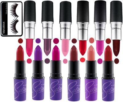 

marvalous eyelashes with mac matte finish lipstick (set of 6) & selena matte lipstick ( set of 6)(Set of 13)