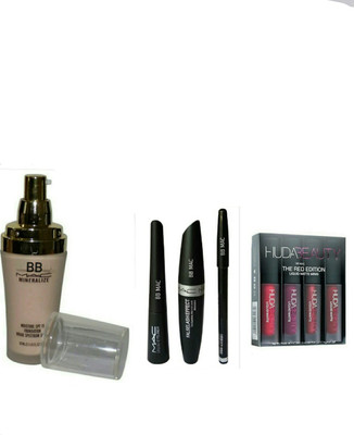 

BB MAC mineralize moisture spf 15 foundation (60 ml) , set of 3 in 1 eyeliner / mascara / kajal & the red edition liquid matte minis lipstick (pack of 4). combo(Set of 5)