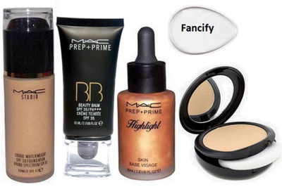 

fancify Sponge Puff & Mac Water Weight Foundation ,Prep +Prime Highlight Skin Base Visage , BB BEauty Balm Cream Foundation, Studio Fix Powder with Foundation(Set of 5)