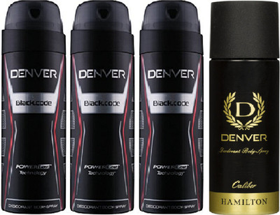 

Denver Black Code & Caliber Combo Set Of 4 Deodorant Spray - For Men(615 ml, Pack of 4)