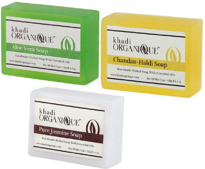 

KHADI ORGANIQUE HANDMADE ALOEVERA CAHNDAN HALDI JASMINE SOAP COMBO PACK PACK OF 3 375 GM(375 g, Pack of 3)