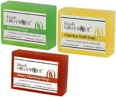 

KHADI ORGANIQUE HANDMADE ALOEVERA CAHNDAN HALDI HONEY GLYCERIEN SOAP COMBO PACK PACK OF 3 375 GM(375 g, Pack of 3)