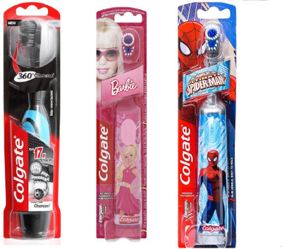 

Colgate 360 charcoal +spider men power + barbie battery power toothbrush Extra Soft Toothbrush(Pack of 3)
