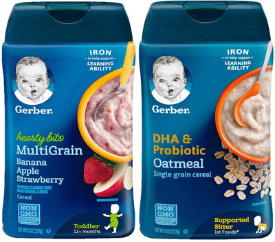 

Gerber Cereal Combo 227g (8oz) (Pack of 2) - Hearty Bits Banana Apple + Oatmeal DHA & Probiotic Cereal(454 g, Pack of 2, 6)