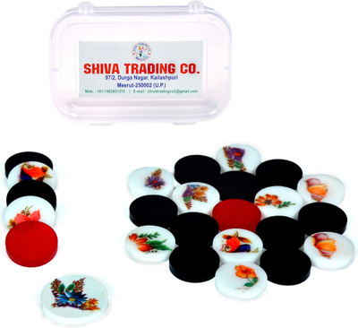 

STC 6MM Acrylic Printed Carrom Coins With free Printed Striker Carrom Pawns(Pack of 25)