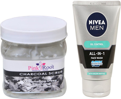 

Pink Root CHARCOAL SCRUB 500G WITH NIVEA OIL CONTROL FACEWASH(Set of 2)
