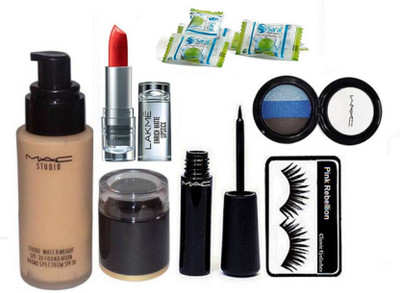 

Pink rebellion Eyelashes & Mac Studio Waterweight Foundation & Eyeliner & Eyeshadow & Lakme Enrich Lipstick With Magic Napkin(Set of 6)