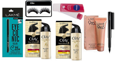 

Ellie Eyelashes With Olay Anti Ageing Cream Pack Of 2,Mousse Foundation,Pen Eyeliner,Eyeconic Kajal,Lip balm(Set of 7)