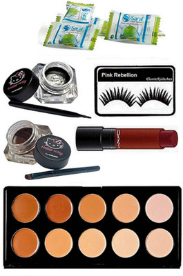 

Pink rebellion Eyelashes, Mac Hello Kitty Balm Eyeliner, 10 Shade Concealer palette,Liptensity Lipstick With Magic Napkin(Set of 6)