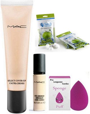 

Pro longwear combo Sponge Puff, Mac Select Coverup Cache Cernes SPF 15 Foundation 40 ml With Pro Long Wear Concealer 9 ml, Saral Magic Napkin Tablet -3 Pieces(Set of 6)