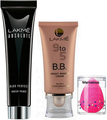 

marvalous sponge puff , lakme 9 to 5 bb bright benefit cream with absolute blur perfect makeup primer(Set of 3)