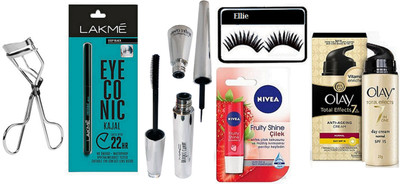 

ellie Eyelashes With Mac Brooke Candy Eyeliner & Mascara & Eyeconic Kajal, Eyelashes Curler & Lip Balm,Olay Anti Ageing Cream(Set of 7)