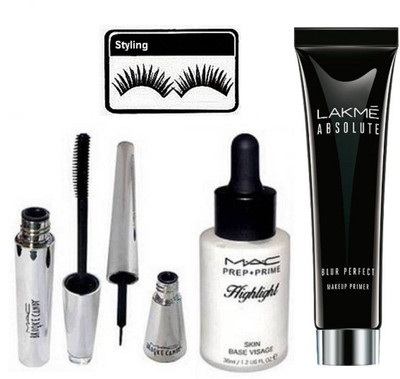 

Styling Eyelashes, Mac Brooke Candy Liner& Mascara, Prep + Prime Skin Base Visage Highlighter & Lakme Absolute Blue Perfect Makeup Primer(Set of 5)