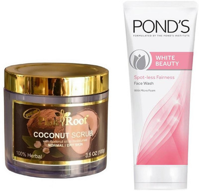 

Pink Root COCONUT SCRUB 100G WITH POND'S WHITE BEAUTY FACEWASH(Set of 2)