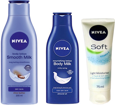 

Nivea 1 BODY MILK NOURISHING LOTION 120ML+1 SOFT LIGHT MOISTURIZER 75ML+1 SMOOTH MILK BODY LOTION 200ML(120 ml)