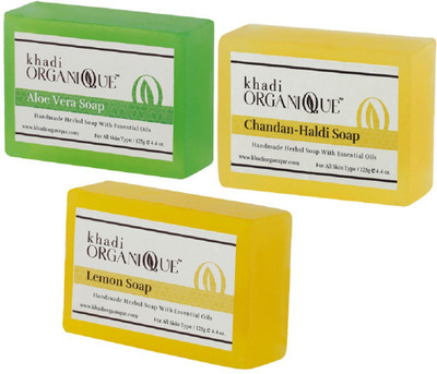 

KHADI ORGANIQUE HANDMADE ALOEVERA CAHNDAN HALDI LEMON SOAP COMBO PACK PACK OF 3 375 GM(375 g, Pack of 3)