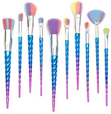 

Qivange Unicorn Makeup Brushes Foundation Eyeshadow Powder Concealer Contour Fan Brush Designed Rainbow Hair(Pack of 10)