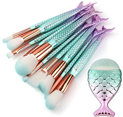 

Cinidy 11Pcs Mermaid Makeup Brushes Set 3D Green Gradient Synthetic Kabuki Foundation Blending Blush Eyeliner Face Powder Brush(Pack of 11)