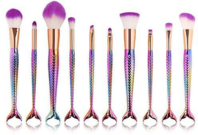 

Yoseng Makeup Brush Set Mermaid Beauty Cosmetic Tools Kabuki Professional Fishtail Bottom Blush Foundation Blending Eyeliner Powder Eyeshadow Cream(Pack of 10)