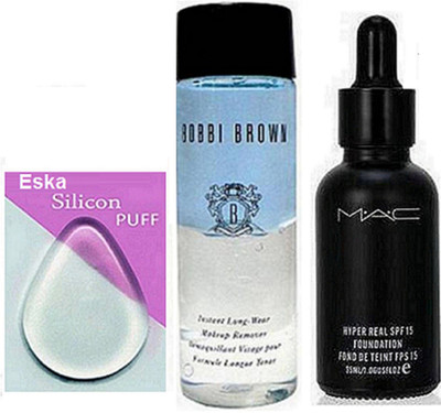 

eska Sponge Puff , Mac Hyper Real foundation & Bobbi Brown Insta Liquid Make Up Remover(Set of 3)