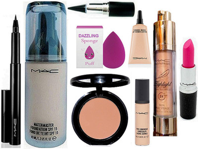 

DAZZLING Sponge Puff & Mac Matchmaster Foundation & Cpmpact & Select Cover-Up & Pro Longwear Concealer & Pen Eyeliner & Highlighter & Stick Kaj & Mac Pink Lipstick(Set of 9)