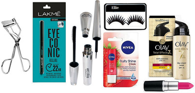 

ellie Eyelashes With Mac Brooke Candy Eyeliner & Mascara & Matte Finish long Lasting Lipstick & Eyeconic Kajal, Eyelashes Curler & Lip Balm,Olay Anti Ageing Cream(Set of 8)