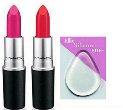 ellie Silicon Puff With Mac Matte Finish lipstick 2 Shades Red & Pink(Set of 3)