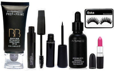 

eska Eyelashes , Hyper Real foundation, Haute And Naughty Balm Mascara,Liquid Last Eyeliner, Candy Yum-yum Lipstick, Prep_Prime BB Beauty Blam Cream(Set of 6)